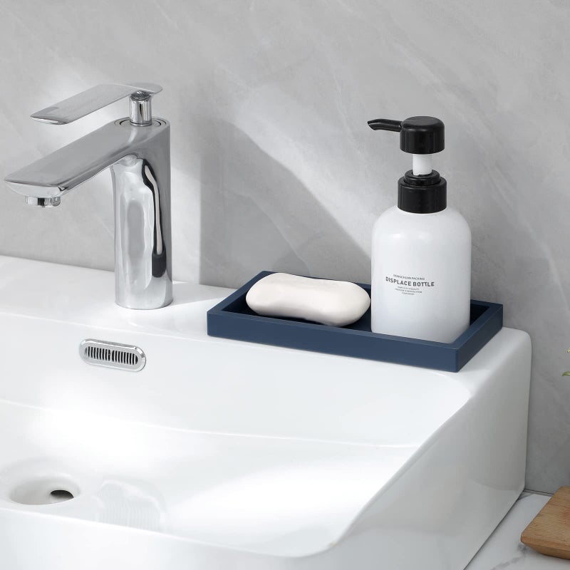 Heagoale Bathroom Tray, Small Vanity Tray Silicone Soap Dish Sponge Holder Kitchen Sink Organizer Bathroom Accessories for Countertop, Toilet, Shower, Large, Dark Blue - Image 3